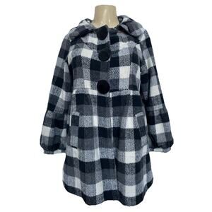 Agnes B Pea Coat Plaid Black White Jacket Puff Sleeve Snap Slip Pockets …